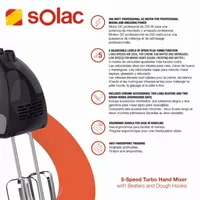 SOLAC 5-Speed + Turbo Hand Mixer with beaters and dough hooks