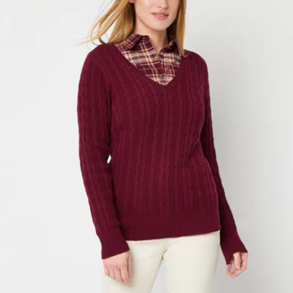 St. John's Bay Womens V Neck Long Sleeve Pullover Sweater