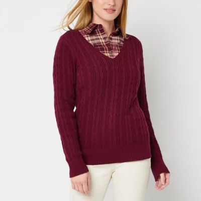 St. John's Bay Womens V Neck Long Sleeve Pullover Sweater