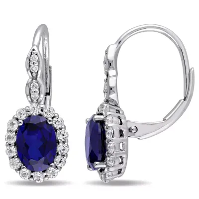 Diamond Accent Lab Created Blue Sapphire 14K Gold Oval Drop Earrings