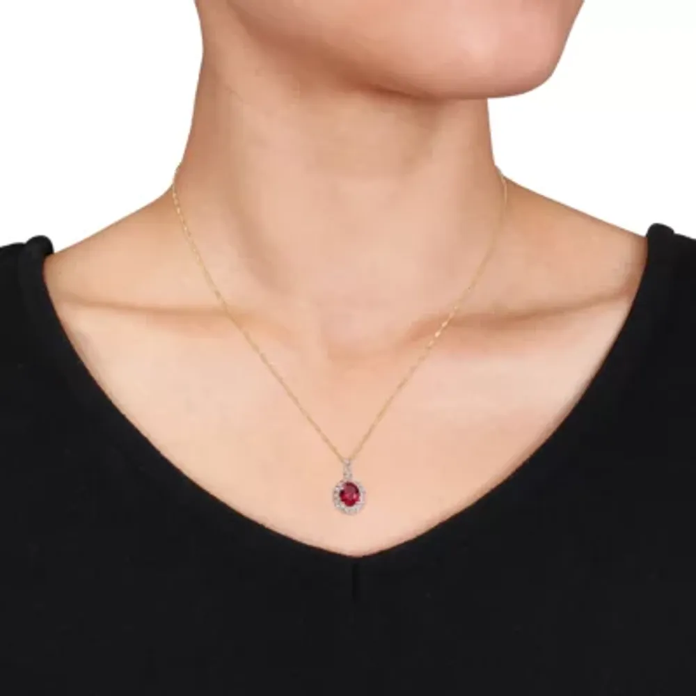 Womens Lab-Created Red Ruby and Diamond Accent Pendant Necklace in 14K Gold