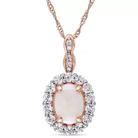 Womens Diamond Accent Genuine White Opal 14K Gold Pendant Necklace