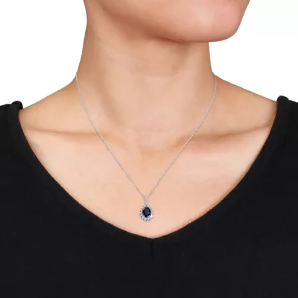 Womens Diamond Accent Lab Created Blue Sapphire 14K Gold Pendant Necklace