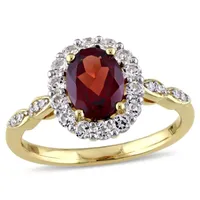 Womens Diamond Accent Genuine Red Garnet 14K Gold Oval Halo Side Stone Cocktail Ring