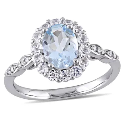 Womens Diamond Accent Genuine Blue Aquamarine 14K Gold Oval Cocktail Ring