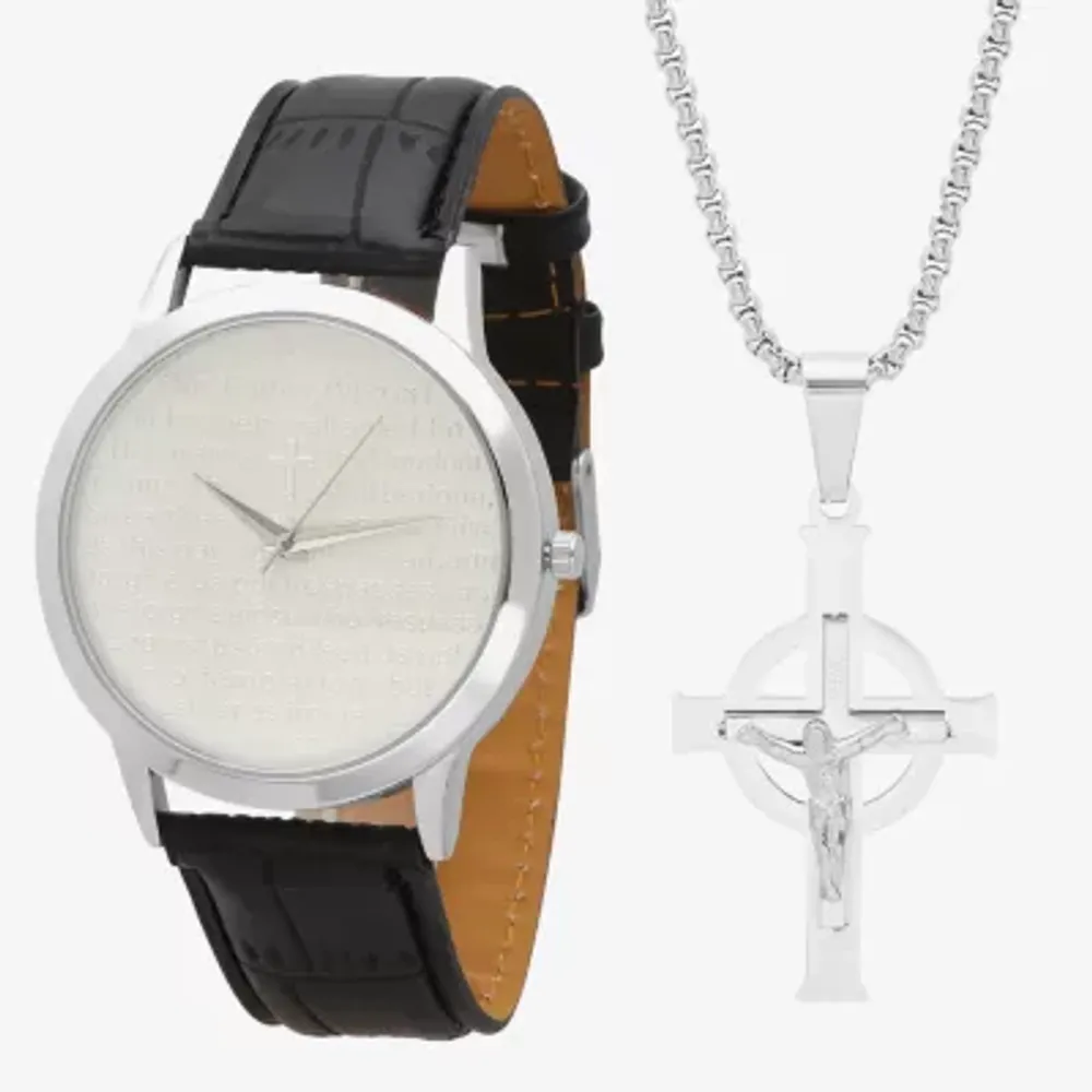 Steeltime Mens Black Leather 2-pc. Watch Boxed Set