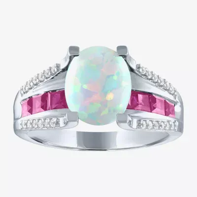 Womens Lab Created White Opal Sterling Silver Cocktail Ring