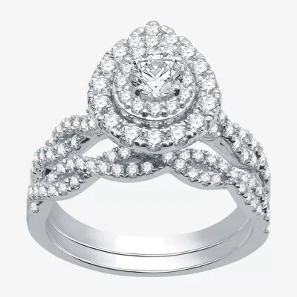 Signature By Modern Bride (G / Si1 - Si2) Womens 1 1/2 CT. T.W. Lab Grown White Diamond 10K Gold Side Stone Halo Bridal Set