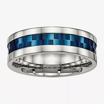 Mens 8mm Stainless Steel & Blue Ion-Plated Wedding Band
