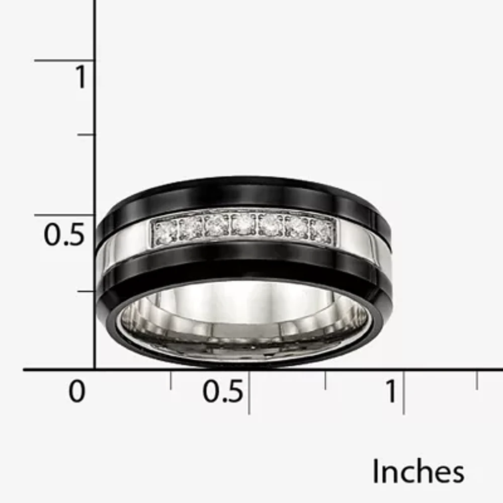 Mens Cubic Zirconia Stainless Steel & Black Ceramic Wedding Band