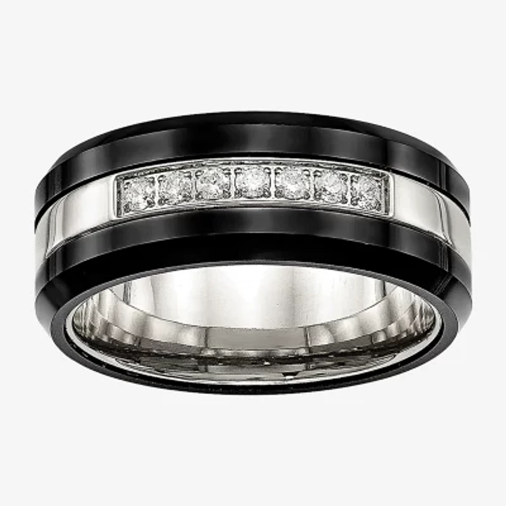 Mens Cubic Zirconia Stainless Steel & Black Ceramic Wedding Band