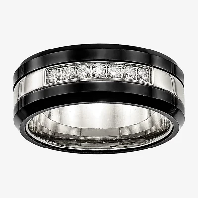 Mens Cubic Zirconia Stainless Steel & Black Ceramic Wedding Band