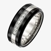 Mens Cubic Zirconia Stainless Steel & Black Ceramic Wedding Band