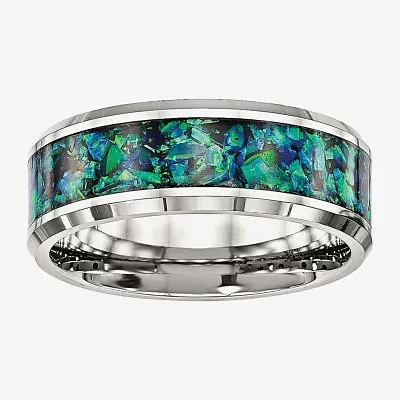 Mens Simulated Blue Opal Stainless Steel Wedding Band