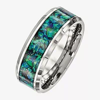 Mens Simulated Blue Opal Stainless Steel Wedding Band
