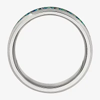 Mens Simulated Blue Opal Stainless Steel Wedding Band