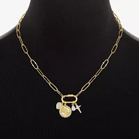 Sparkle Allure Carabiner Charm Womens White Cubic Zirconia 14K Gold Over Brass Cross Heart Paperclip 18 Inch Pendant Necklace