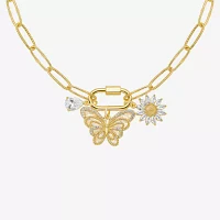 Sparkle Allure Carabiner Charm Womens White Cubic Zirconia 14K Gold Over Brass Butterfly Flower Paperclip 18 Inch Pendant Necklace
