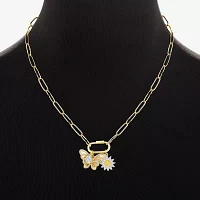 Sparkle Allure Carabiner Charm Womens White Cubic Zirconia 14K Gold Over Brass Butterfly Flower Paperclip 18 Inch Pendant Necklace