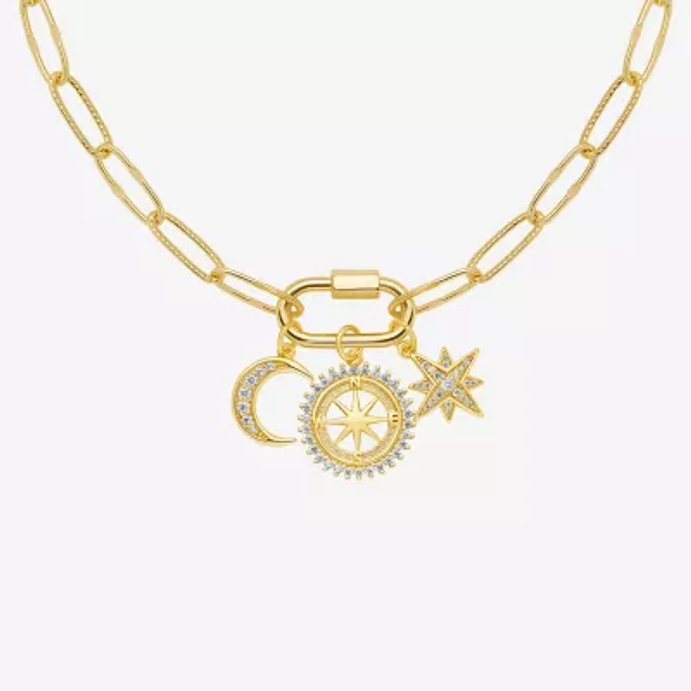 Sparkle Allure Carabiner Charm Womens White Cubic Zirconia 14K Gold Over Brass Moon Paperclip Star 18 Inch Pendant Necklace