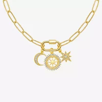 Sparkle Allure Carabiner Charm Womens White Cubic Zirconia 14K Gold Over Brass Moon Paperclip Star 18 Inch Pendant Necklace