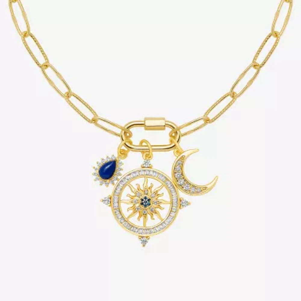 Sparkle Allure Carabiner Charm Womens Blue Cubic Zirconia 14K Gold Over Brass Moon Paperclip Sunburst 18 Inch Pendant Necklace