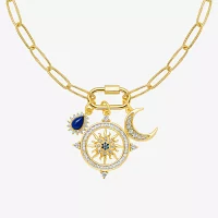 Sparkle Allure Carabiner Charm Womens Blue Cubic Zirconia 14K Gold Over Brass Moon Paperclip Sunburst 18 Inch Pendant Necklace