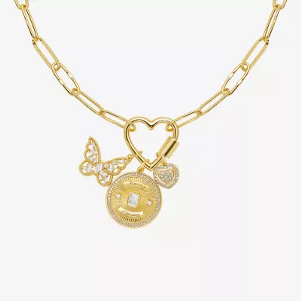 Sparkle Allure Family Carabiner Charm Womens White Cubic Zirconia 14K Gold Over Brass Butterfly Heart Paperclip 18 Inch Pendant Necklace