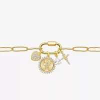 Sparkle Allure Carabiner Womens White Cubic Zirconia 14K Gold Over Brass Cross Heart Charm Bracelet