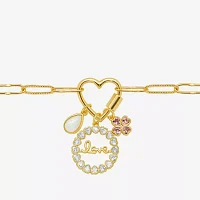 Sparkle Allure Love Carabiner Cubic Zirconia 14K Gold Over Brass 7.5 Inch Paperclip Flower Charm Bracelet