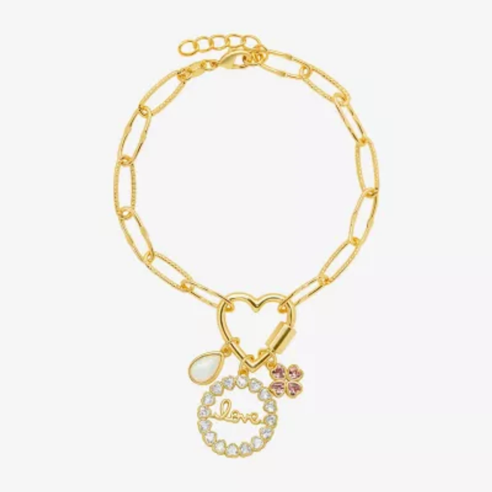 Sparkle Allure Love Carabiner Cubic Zirconia 14K Gold Over Brass 7.5 Inch Paperclip Flower Charm Bracelet