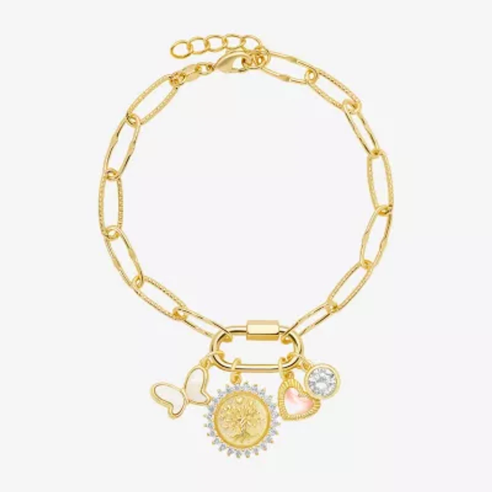 Sparkle Allure Family Carabiner Cubic Zirconia 14K Gold Over Brass 7.5 Inch Paperclip Butterfly Charm Bracelet