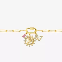 Sparkle Allure Carabiner Cubic Zirconia 14K Gold Over Brass 7.5 Inch Paperclip Butterfly Flower Charm Bracelet