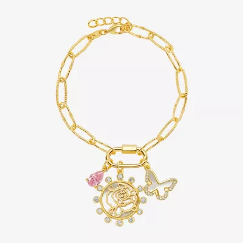 Sparkle Allure Carabiner Cubic Zirconia 14K Gold Over Brass 7.5 Inch Paperclip Butterfly Flower Charm Bracelet