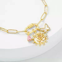 Sparkle Allure Carabiner Cubic Zirconia 14K Gold Over Brass 7.5 Inch Paperclip Butterfly Flower Charm Bracelet