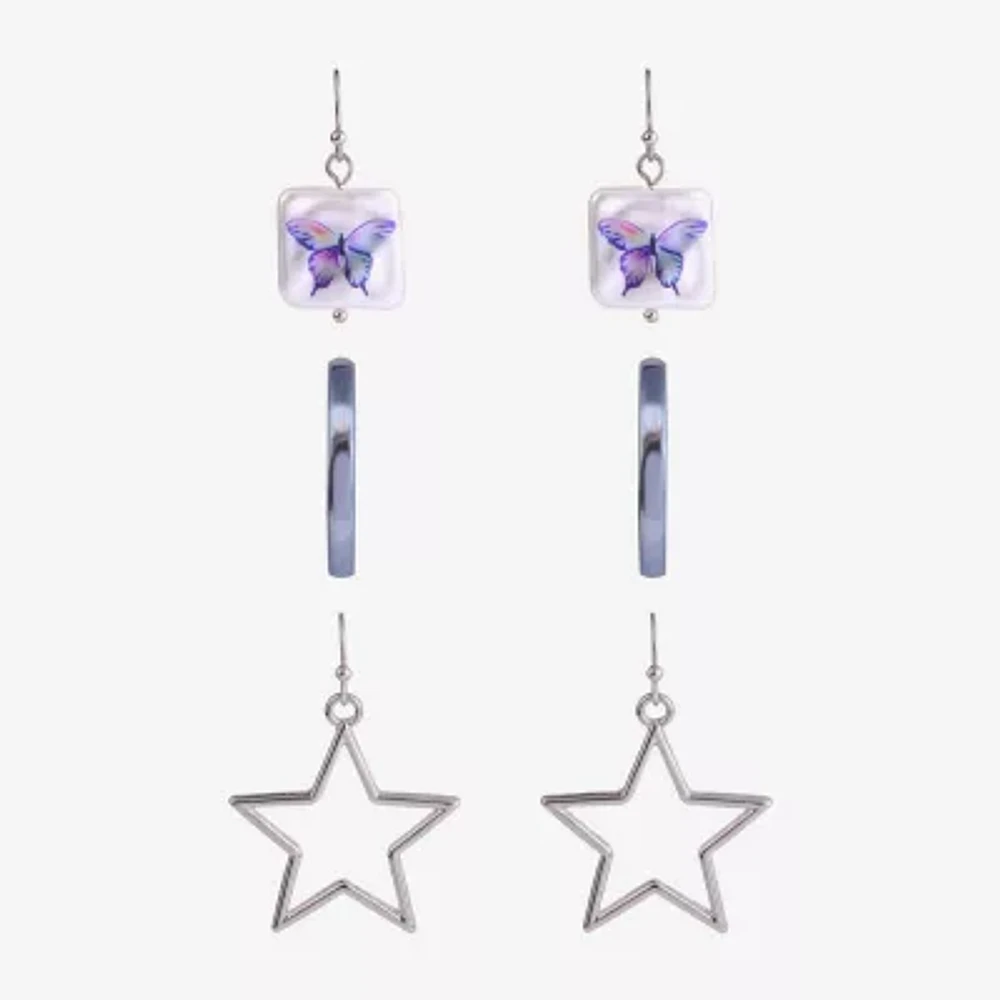 Arizona Silver Tone 3 Pair Simulated Pearl Butterfly Star Earring Set