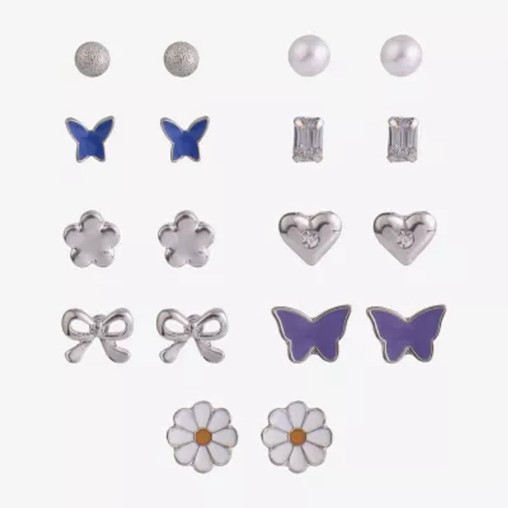 Arizona Silver Tone 9 Pair Simulated Pearl Butterfly Flower Heart Earring Set