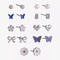 Arizona Silver Tone 9 Pair Simulated Pearl Butterfly Flower Heart Earring Set