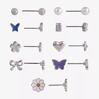 Arizona Silver Tone 9 Pair Simulated Pearl Butterfly Flower Heart Earring Set