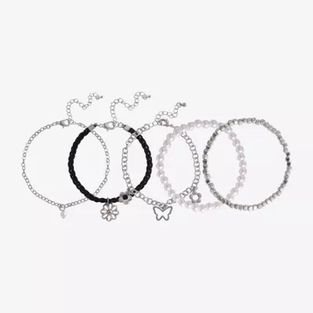 Arizona Silver Tone 5-pc. Simulated Pearl 7.5 Inch Link Butterfly Flower Bracelet Set