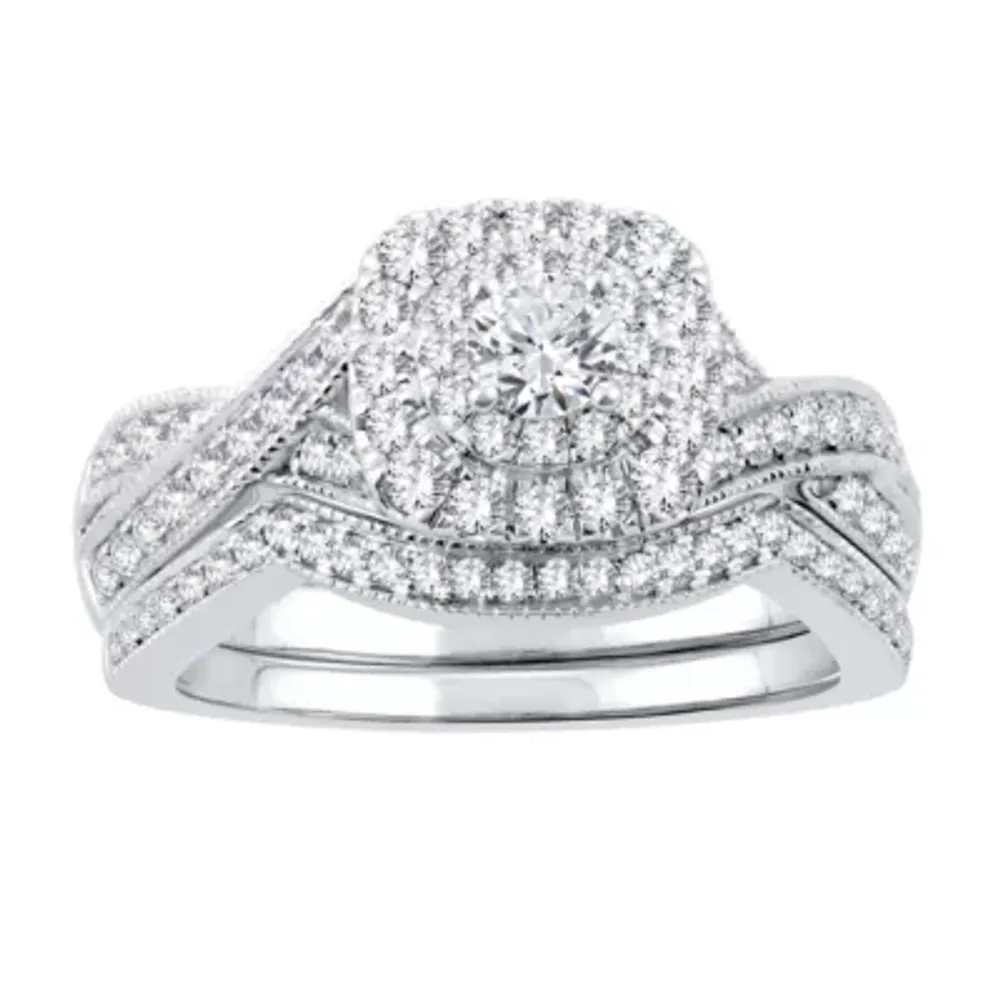 Signature By Modern Bride Womens Natural White Diamond 14K White Gold Cushion Engagement Ring