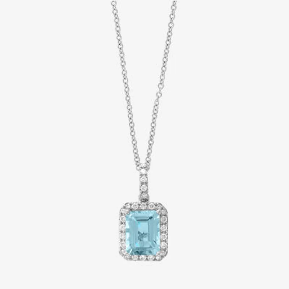 Effy Womens 1/5 CT. T.W. Diamond & Genuine Blue Aquamarine 14K White Gold Pendant Necklace