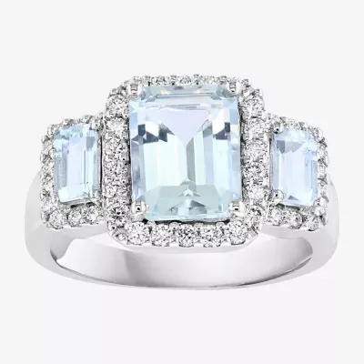 Effy Womens 3/8 CT. T.W. Diamond & Genuine Blue Aquamarine 14K White Gold Cocktail Ring