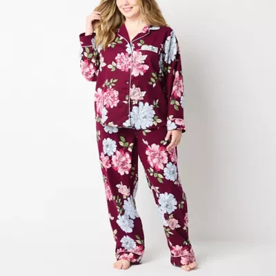 Liz Claiborne Womens Plus Flannel Long Sleeve 2-pc. Pant Pajama Set