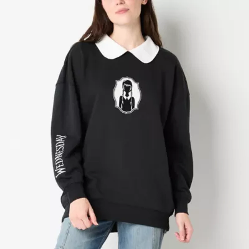 Juniors Womens Crew Neck Long Sleeve Wednesday Addams Sweatshirt