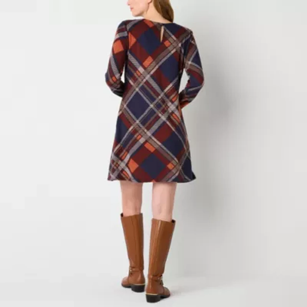 R & K Originals Womens Long Sleeve Plaid Shift Dress