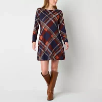 R & K Originals Womens Long Sleeve Plaid Shift Dress