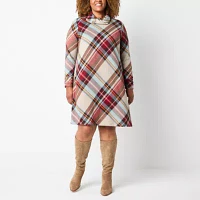 R & K Originals Womens Long Sleeve Plaid Shift Dress Plus