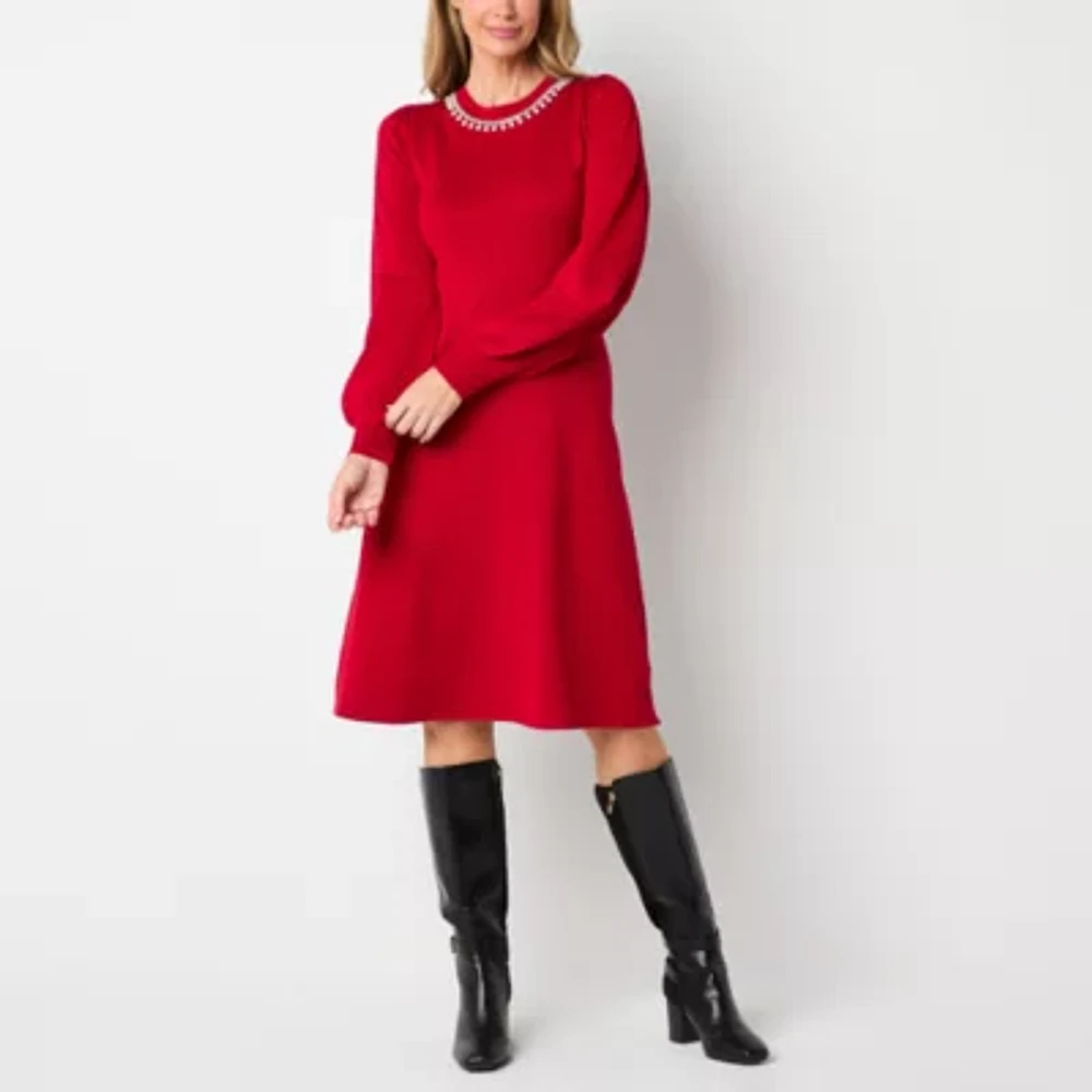 Liz Claiborne Womens Long Sleeve Embellished Sweater Dress