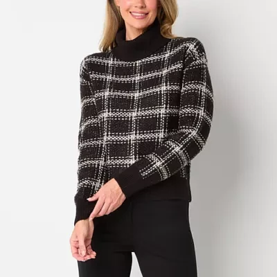 Liz Claiborne Womens Mock Neck Long Sleeve Plaid Pullover Sweater